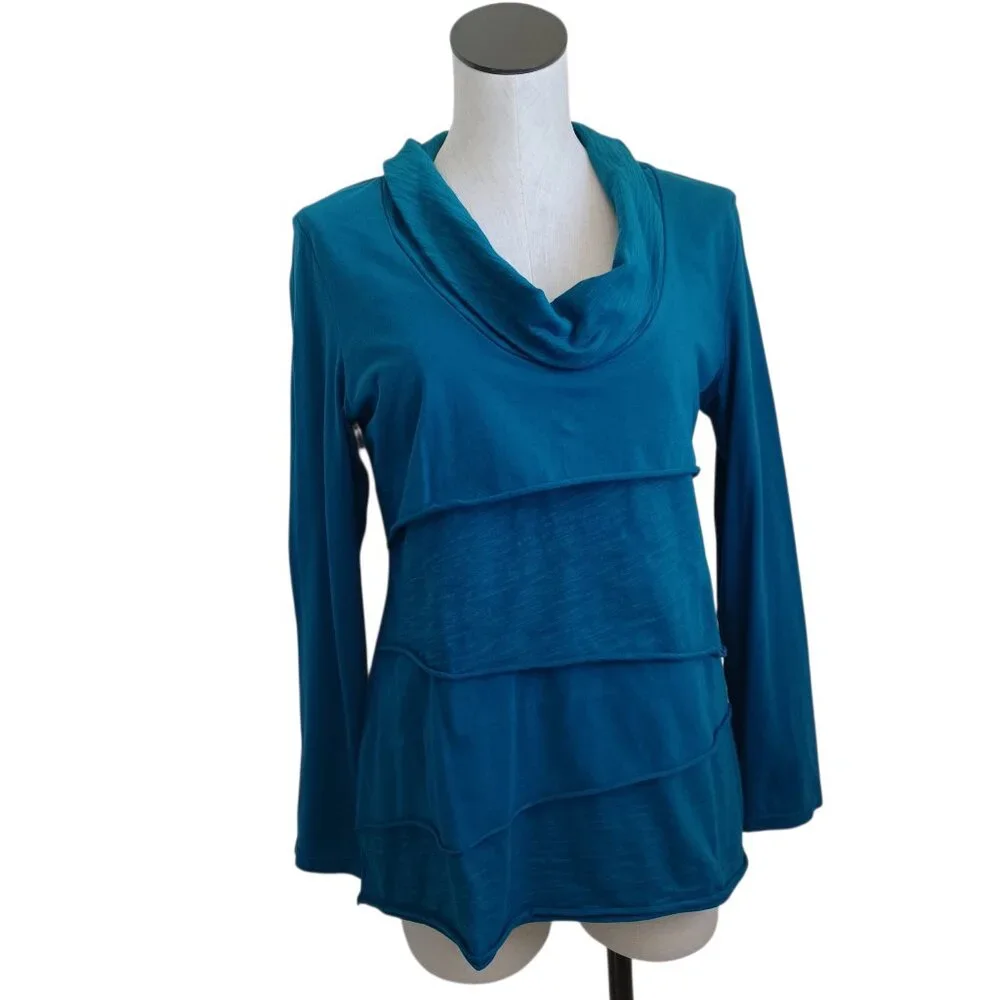 Soft Surroundings Womens‎ Teal Blue Cowl Neck Tiered Long Sleeve Top Size S